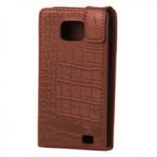 Leder Beschermtasje Croco Magnetic Flip Bruin voor Samsung i9100 Galaxy S II