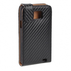 Leder Beschermtasje Flip Carbon Look Zwart voor Samsung i9100 Galaxy S II